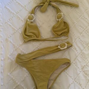 Revolve Olive Green Bikini Set with Floral Ring Accents